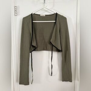 Refuge half cardigan with tie front in olive green size large
